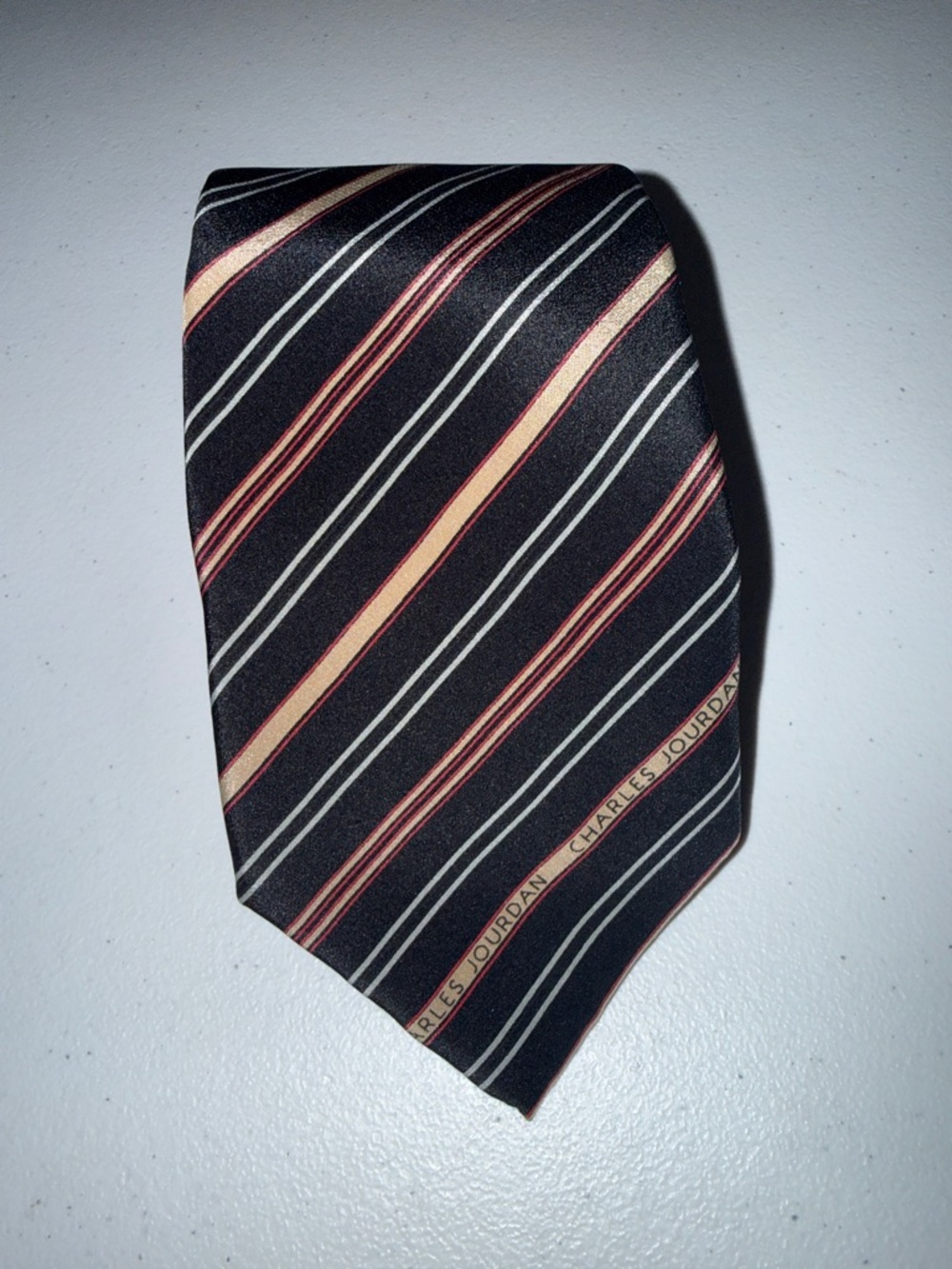 Charles Jourdan Black Silk Tie with Red and Gold Stripes